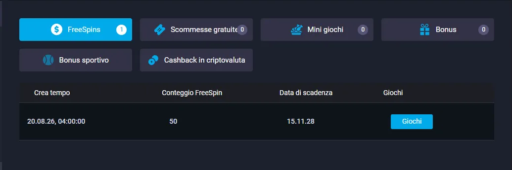 Scheda FreeSpins del conto MyStake con i 50 giri gratuiti accreditati